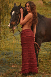 Ruffled Mid-Rise Maxi Skirt in Burnt Red